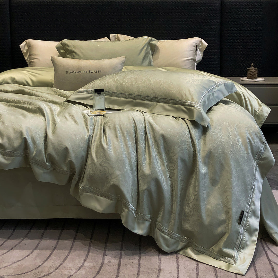 Premium cotton satin bedding set with structured matelassé border and hotel closure