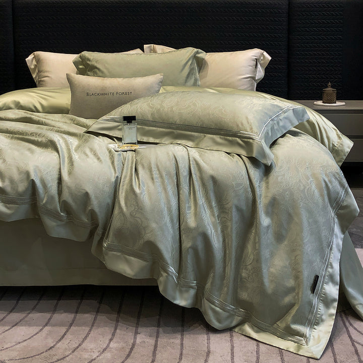Premium cotton satin bedding set with structured matelassé border and hotel closure
