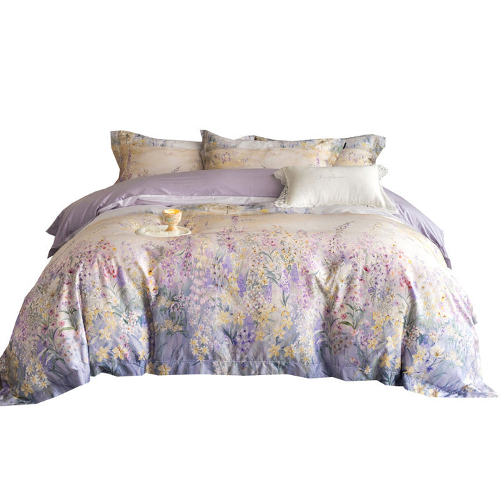 Silk-gloss satin bed linen set with watercolored meadow flower print and concealed zipper