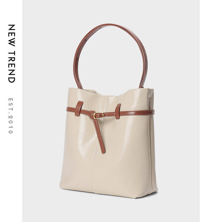 Structured Leather-Look Belted Bucket Tote Shoulder Bag