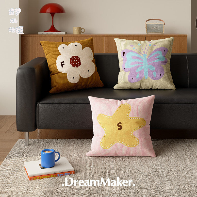 Decorative Square Throw Pillow Cover with Ribbed Texture and Large Floral Appliqué