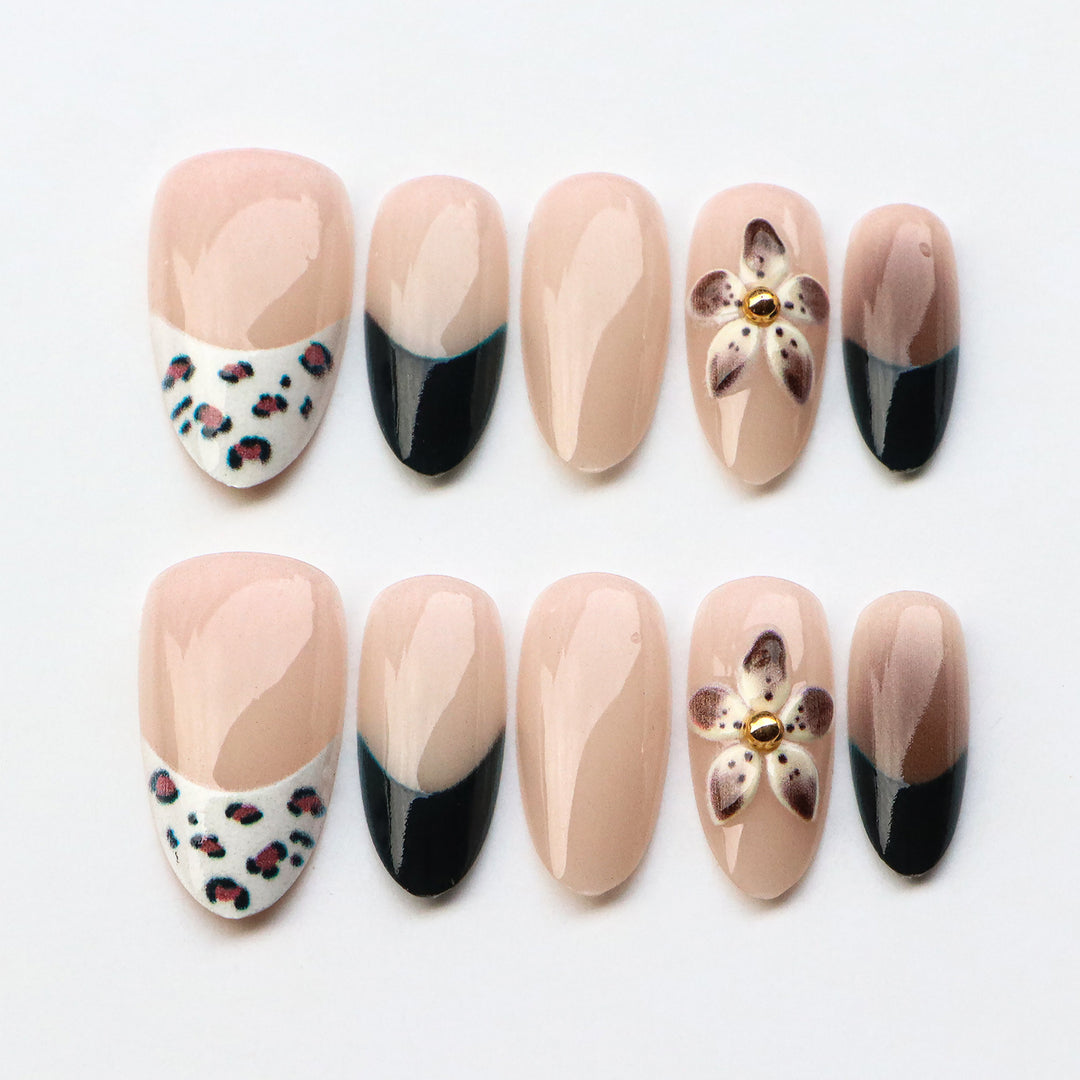 Artistic Press-On Nail Set with Floral Designs