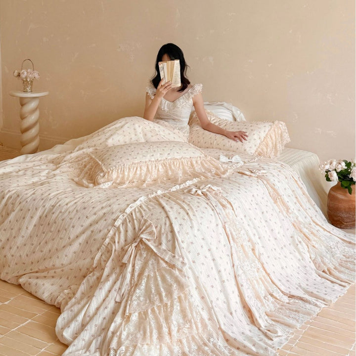 Vintage-inspired bedding set with pleated bedspread and delicate lace trim