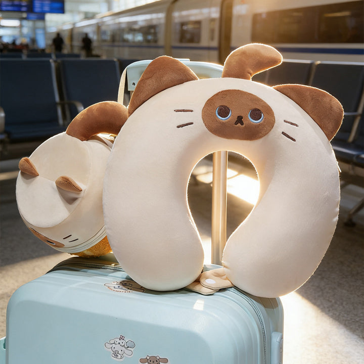 Cozy ergonomic travel pillow with cat design and integrated storage bag