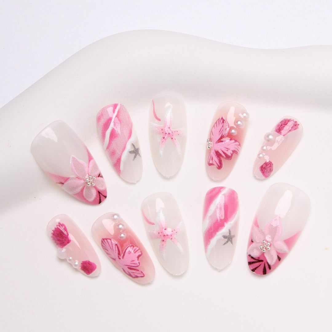 Acrylic nail set with elegant flower and glitter pattern Kalsten