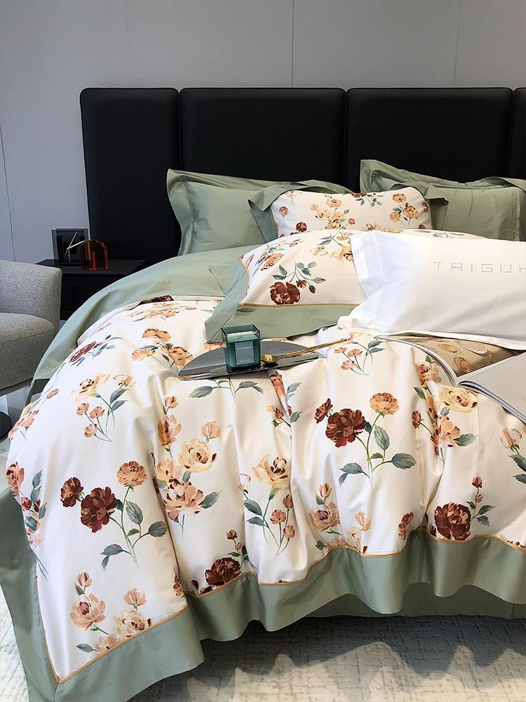 Premium Satin Duvet Cover Set with Delicate Watercolor Floral Print and Elegant Ruffle Edge