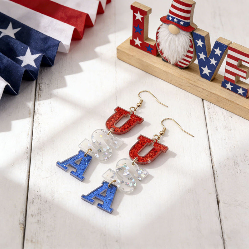 Women's acrylic statement earrings long pendant bow motif with patriotic print Kalsten