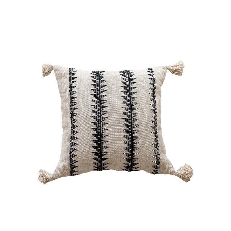 Geometric Handwoven Cotton Throw Pillow with Tassel Corners and Textured Diamond Pattern