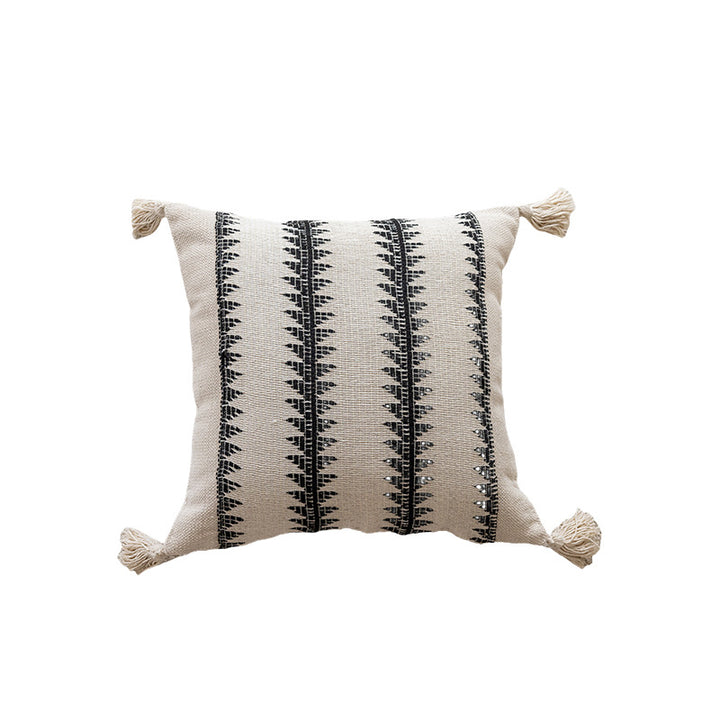 Geometric Handwoven Cotton Throw Pillow with Tassel Corners and Textured Diamond Pattern