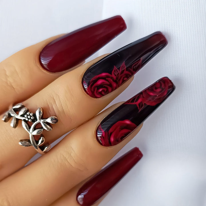 artistic nail tips with floral rose pattern Kalsten