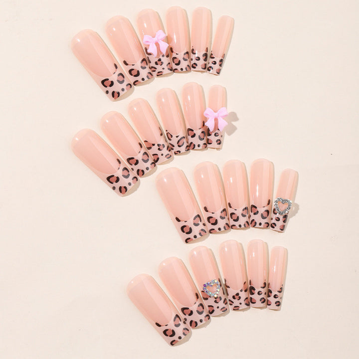 Decorative Press-On Nail Art Set with Leopard Print and Bow Accents