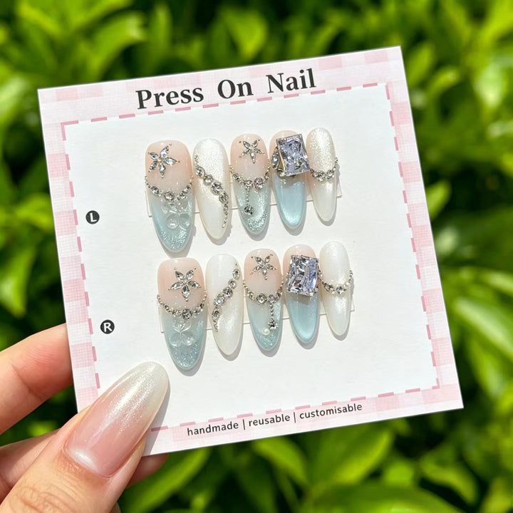 Artistic Press-On Nail Art Set with Jewel Accents