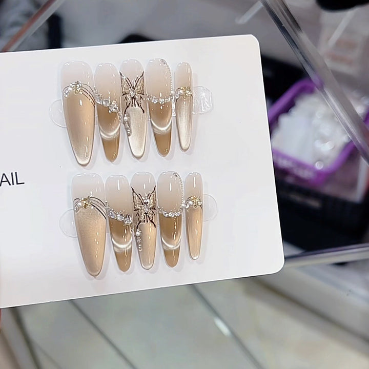 Artistic Butterfly and Pearl-Embellished Press-On Nail Set Kalsten