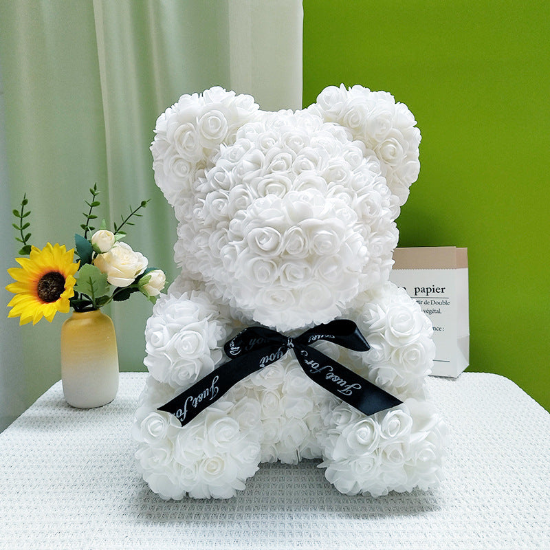 Foam Rose Teddy Bear Gift Sculpture With Satin Ribbon Bow