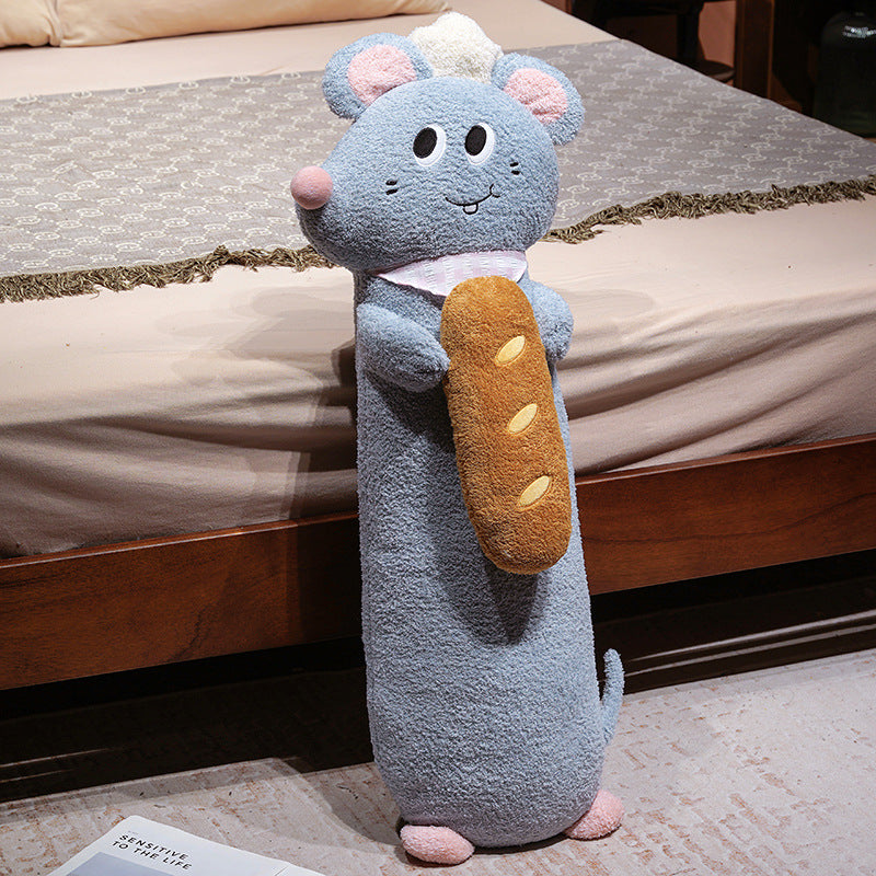 Extra-long plush body pillow mouse with bread appliqué and soft fleece cover