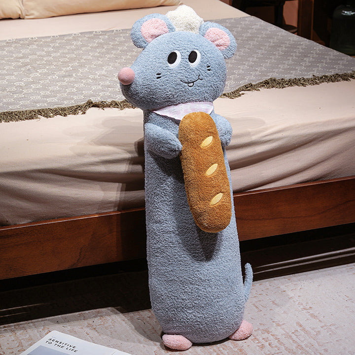 Extra-long plush body pillow mouse with bread appliqué and soft fleece cover