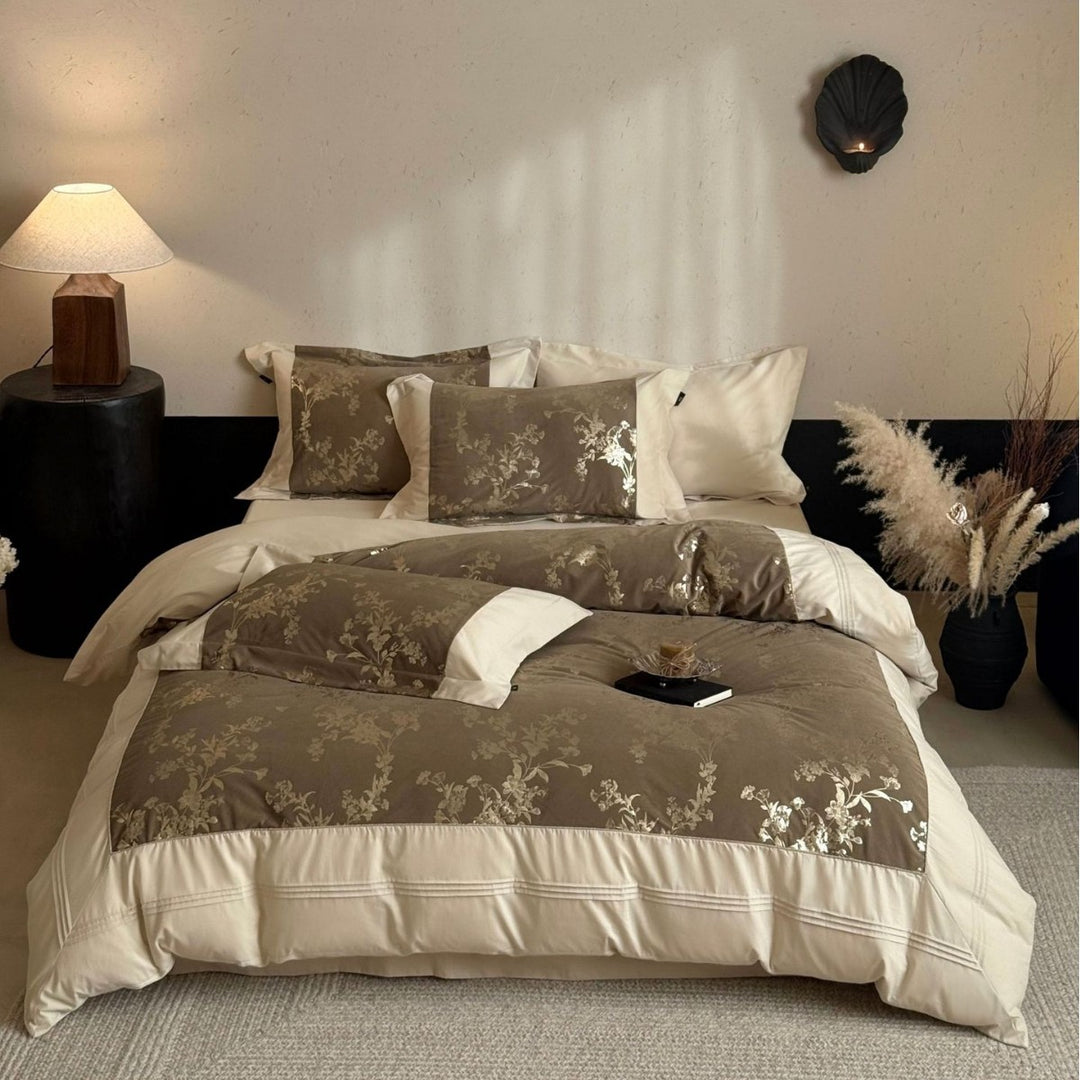 Elegant Reversible Duvet Cover and Pillowcase Set with Jacquard Flower Panel and Fine Quilted Edge