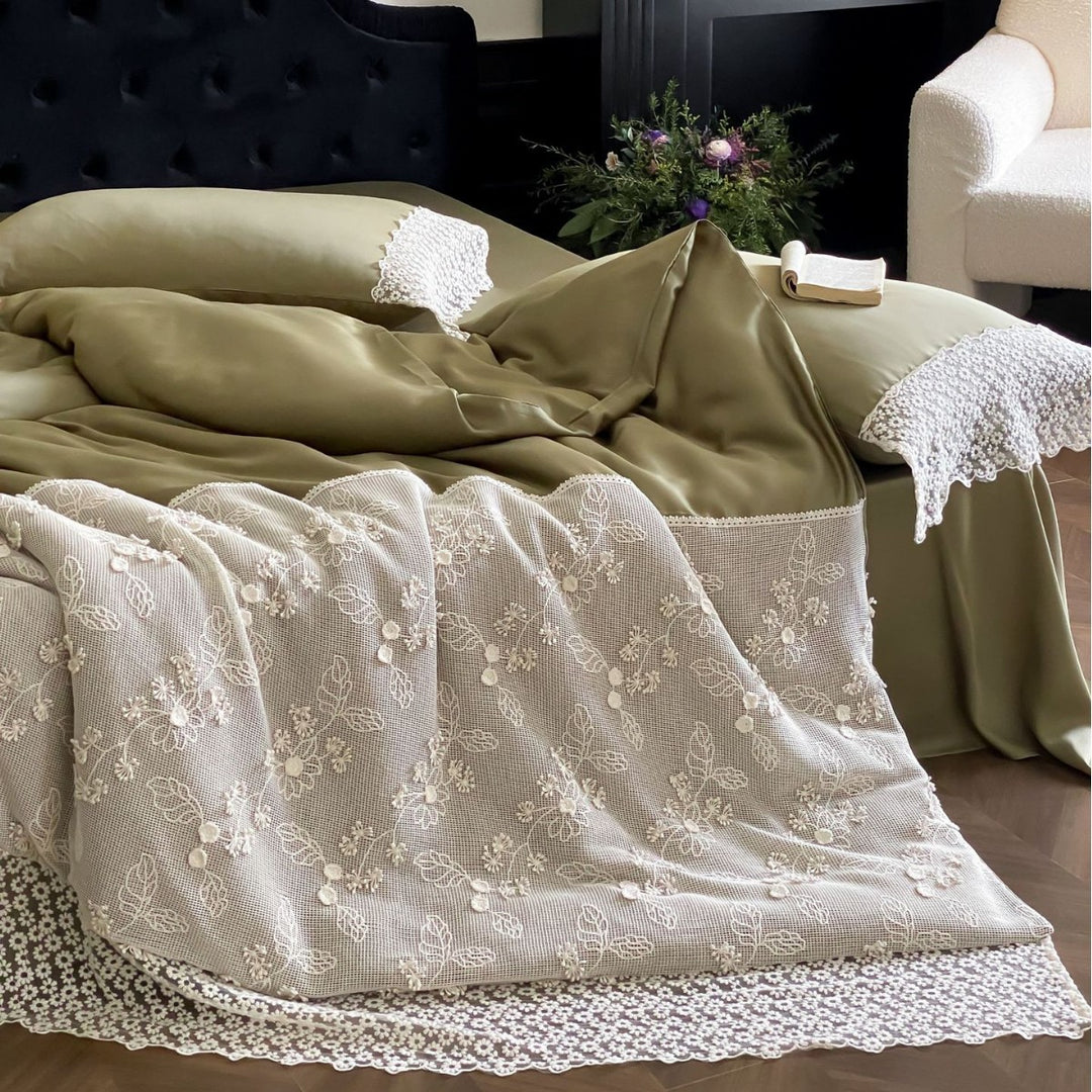 Satin bedding set with lace pillowcase and embroidered bedspread