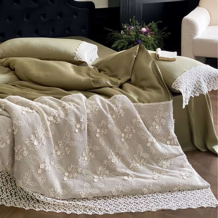 Satin bedding set with lace pillowcase and embroidered bedspread