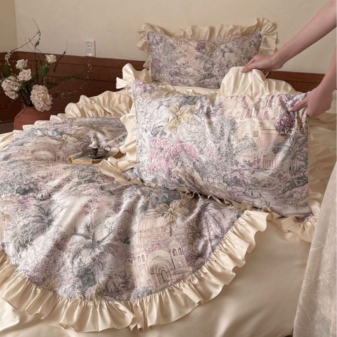 Romantic satin bedding set with ruffle and fine toile print