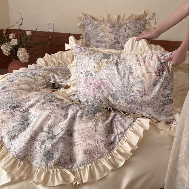 Romantic satin bedding set with ruffle and fine toile print
