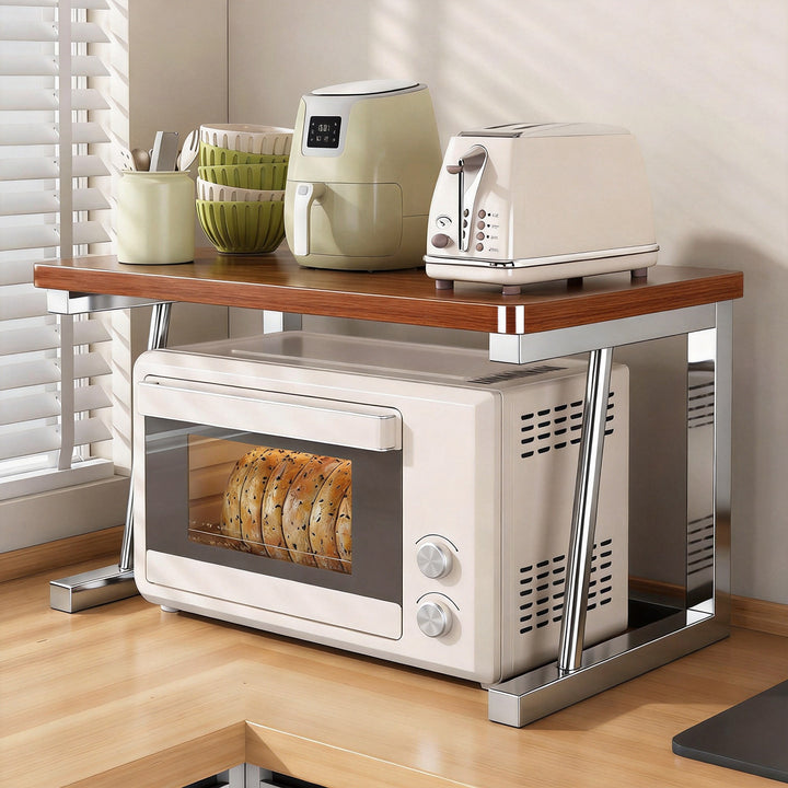 Compact Two-Tier Kitchen Microwave and Appliance Stand with Heat-Resistant Top and Open Lower Storage