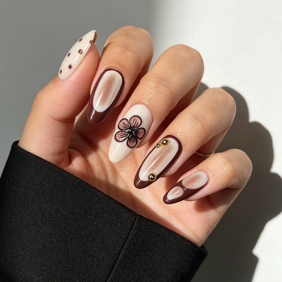 Artistic Press-On Nail Set with Floral and Geometric Designs Kalsten