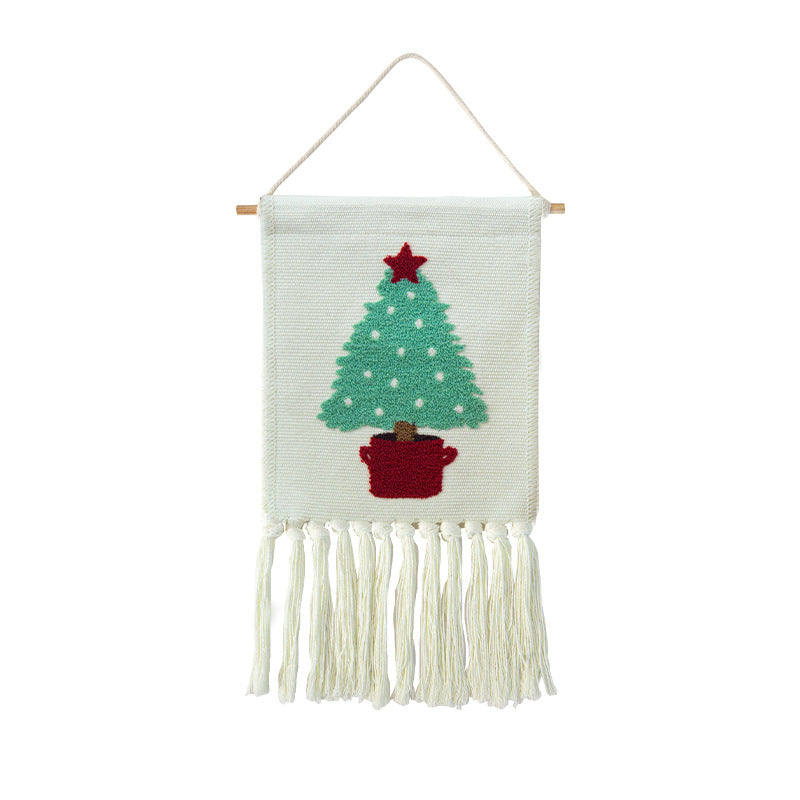Tufted wall hanging with cactus motif, cotton fringes and wooden stick