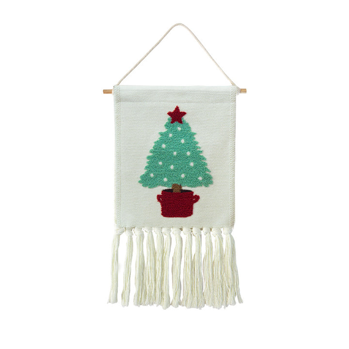 Tufted wall hanging with cactus motif, cotton fringes and wooden stick