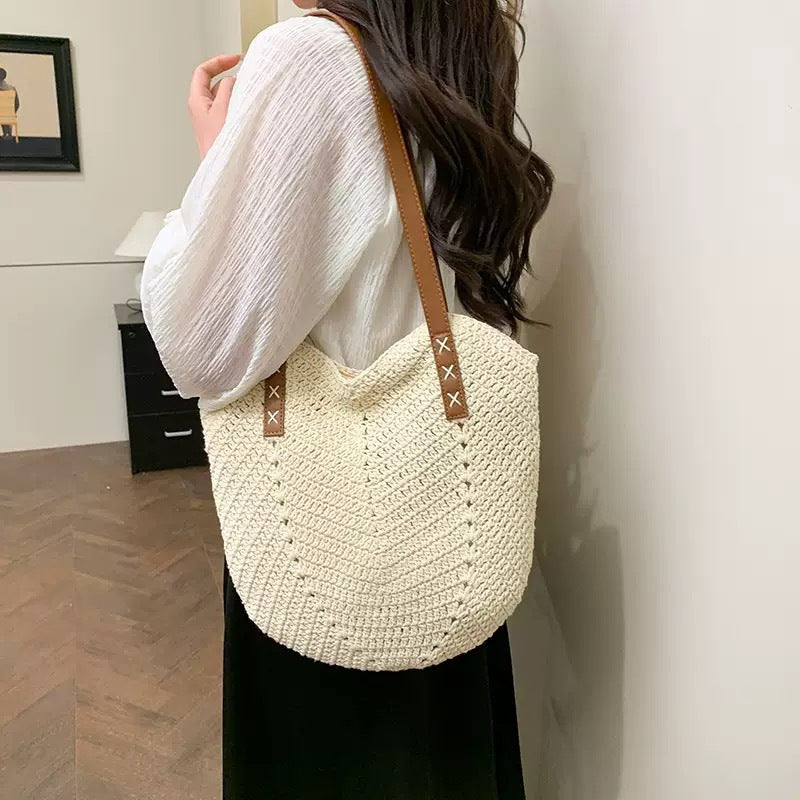 Handmade Beach Bag Made of Natural Material with Decorative Leather Accents Kalsten