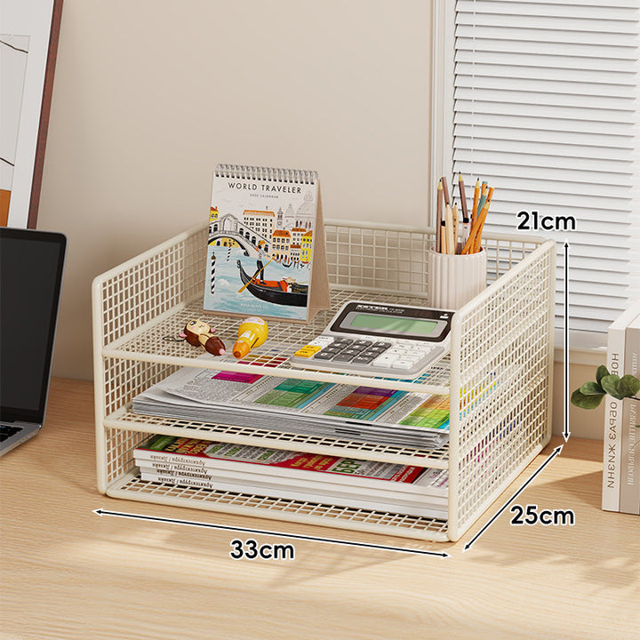Multi-Tier Metal Mesh Desktop Document and Office Supply Organizer with Pull-Out Trays