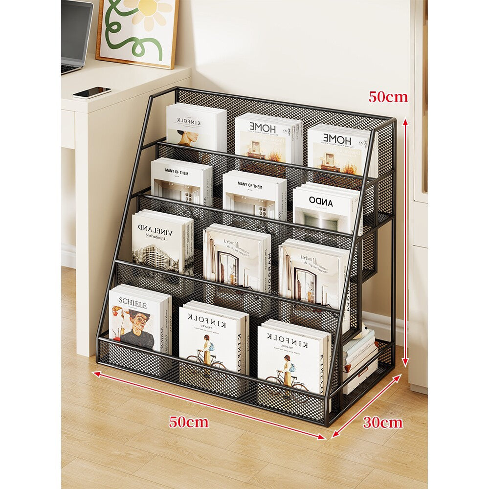 Angled Mesh Rolling Magazine and Book Display Shelf with Locking Casters