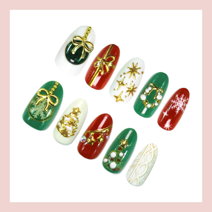Artificial nail set with festive Christmas motifs and glamorous gold decorations Kalsten