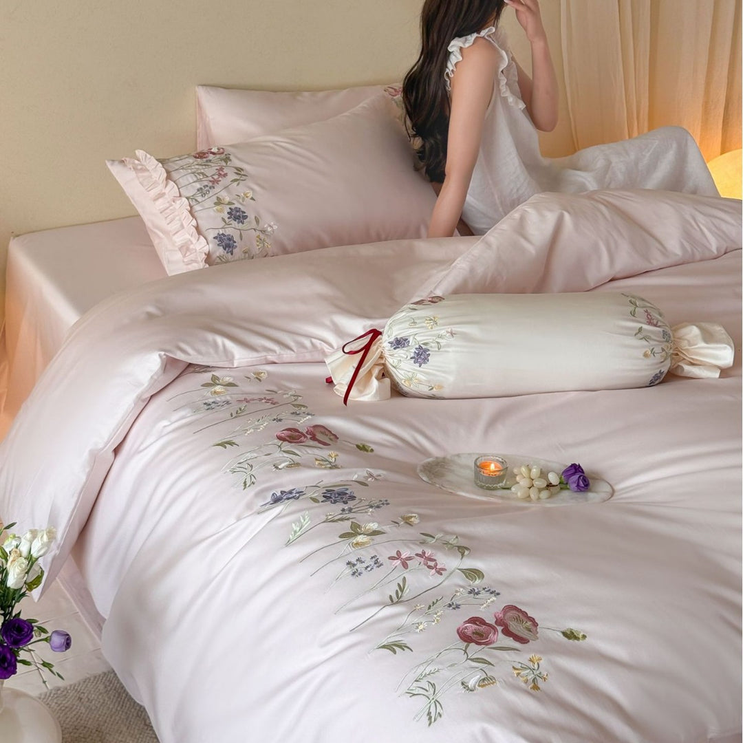 Embroidered duvet cover set with fine floral trim and soft satin feel