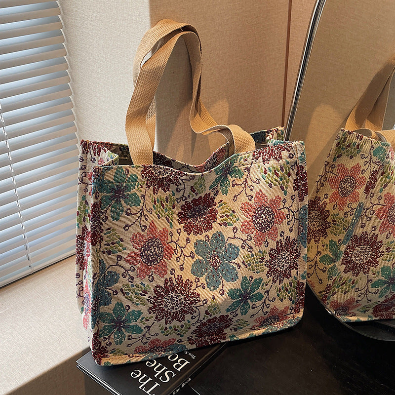 Floral Embroidered Tapestry Tote Bag