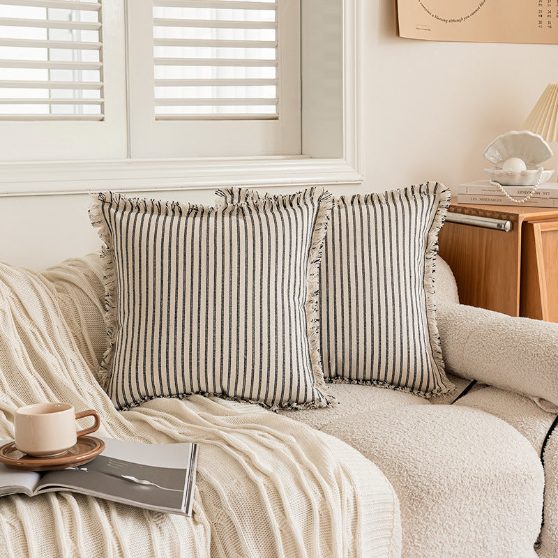 Striped Coastal-Inspired Cotton Square Pillow Cover with Fringed Edge and Concealed Zip