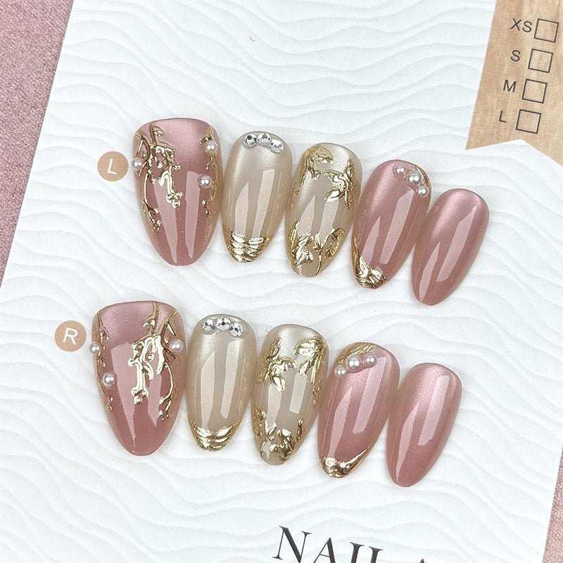 Artificial Nail Set with Elegant Gold Accent and Rhinestone Decorations Kalsten