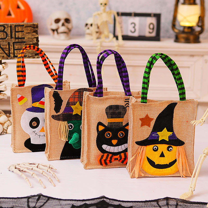 Halloween-Jute bag with stitched black cat and striped carrying handles