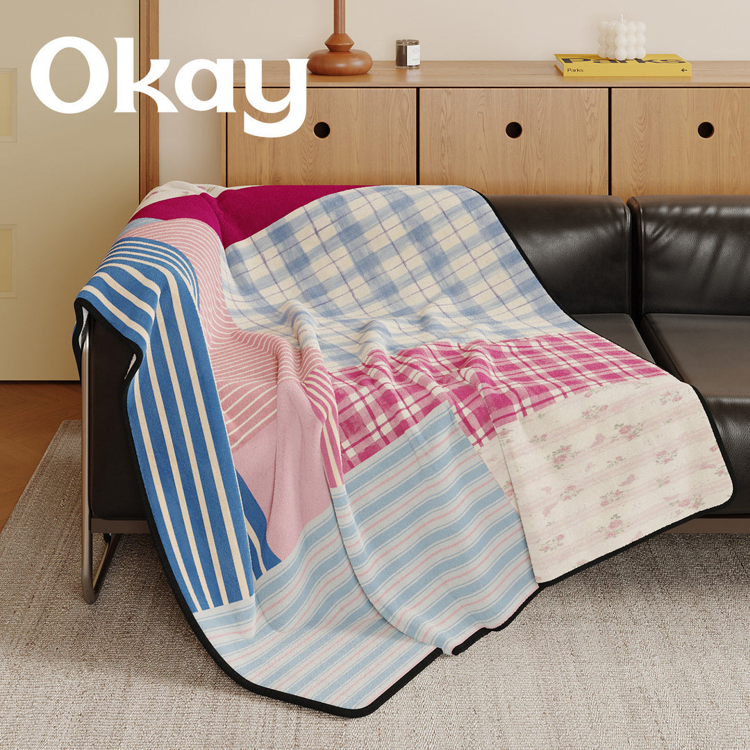 Reversible Patchwork Plush Throw Blanket with Mixed Plaid Stripes and Floral Panels