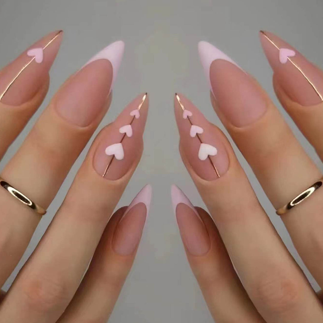 Heart Patterned Long Stiletto Nail Art Extensions