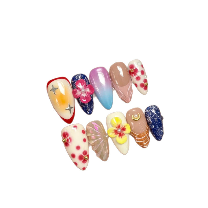 Artistic Press-On Nail Set with Floral and Decorative Accents