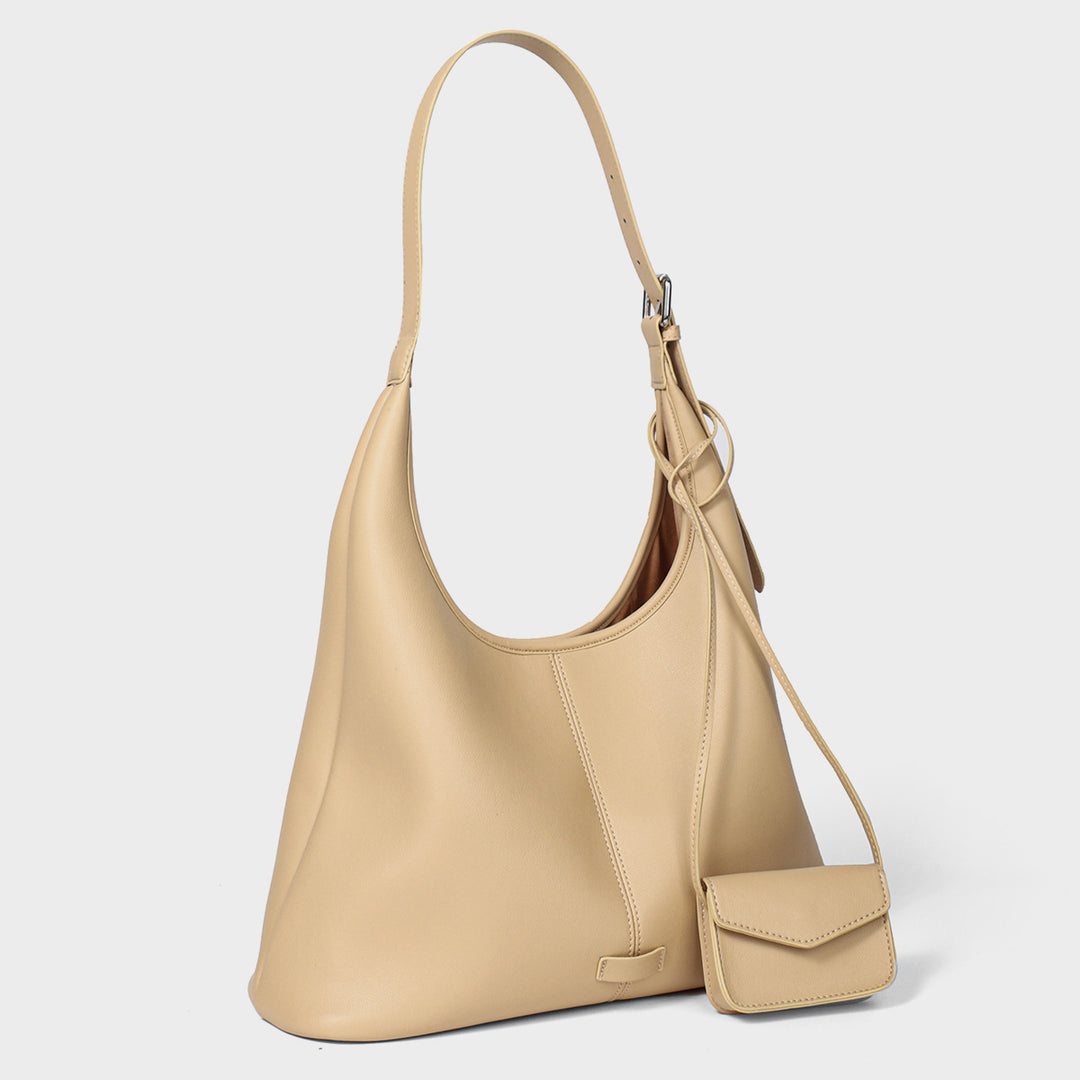 Soft Curved Vegan Leather Shoulder Hobo with Detachable Mini Pouch
