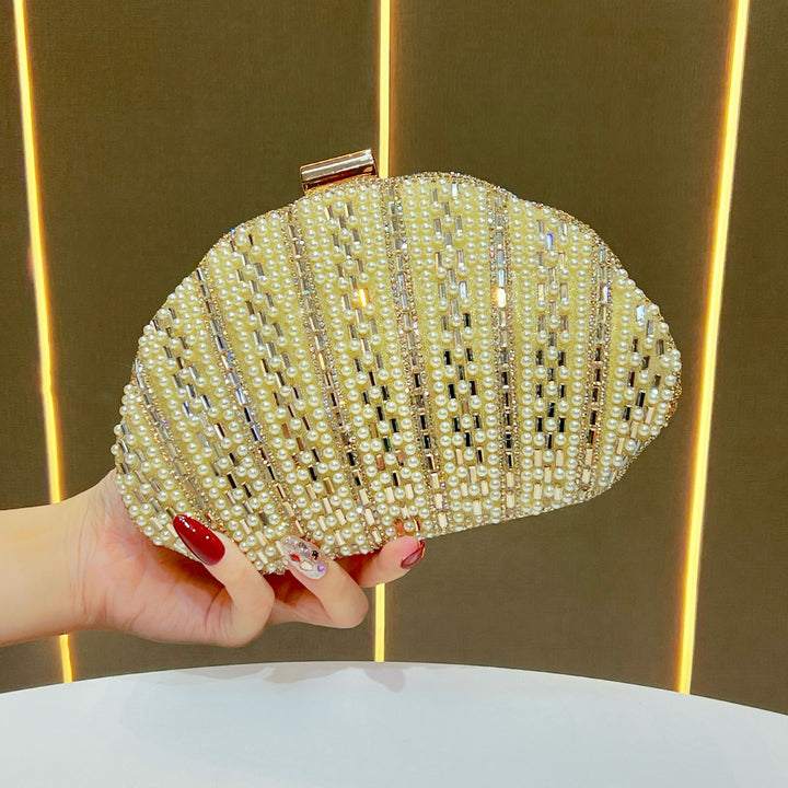 Pearl-Embellished Clamshell Evening Clutch