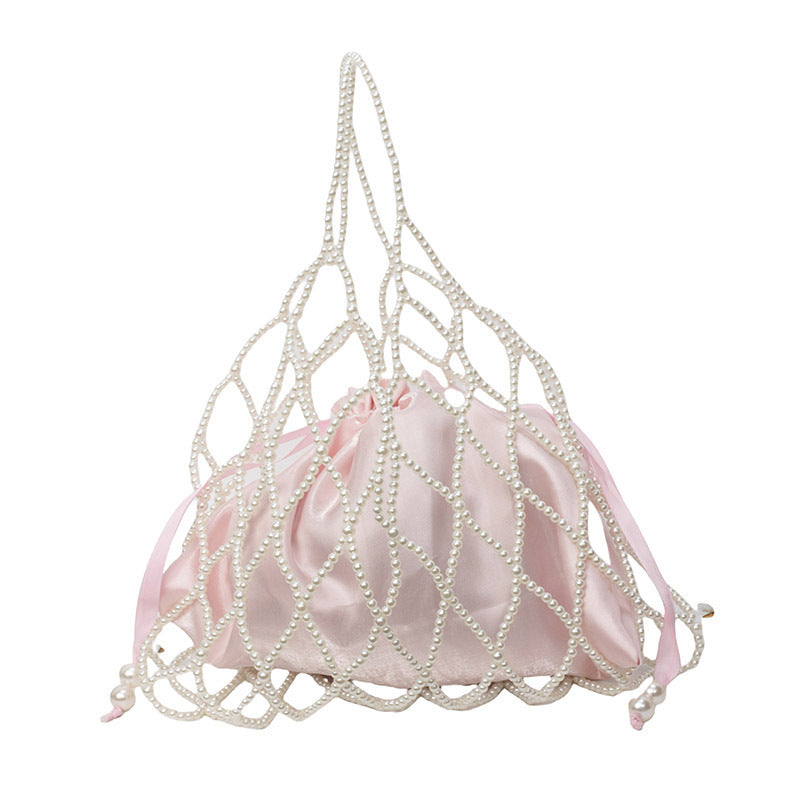 Pearl-Embellished Drawstring Evening Purse