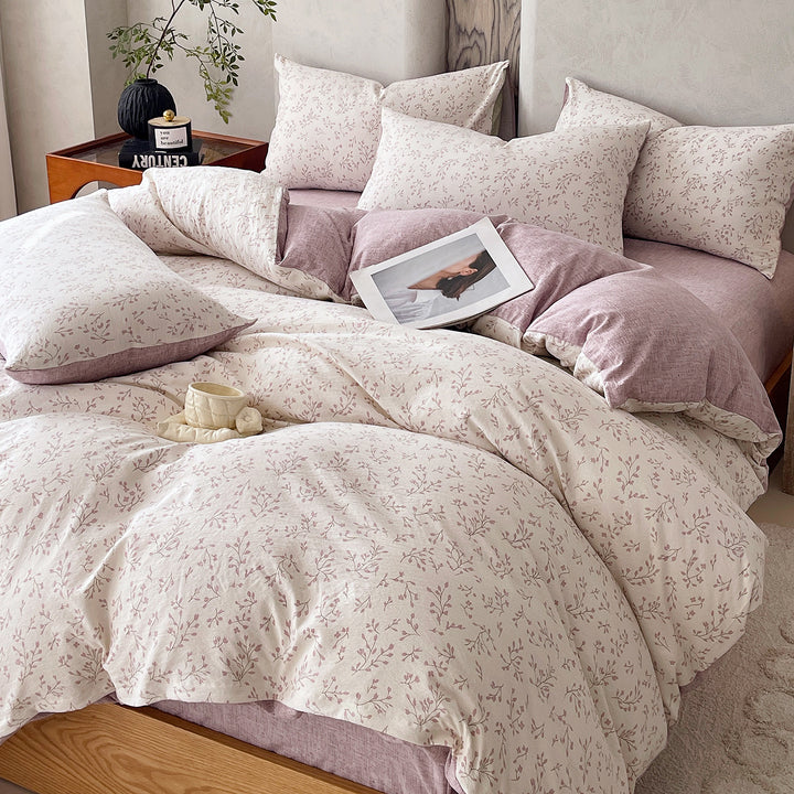 Floral Butterfly Duvet Cover Set With Brushed Cotton‑Blend Linen Texture And Corner Tie Pillowcase Ensemble