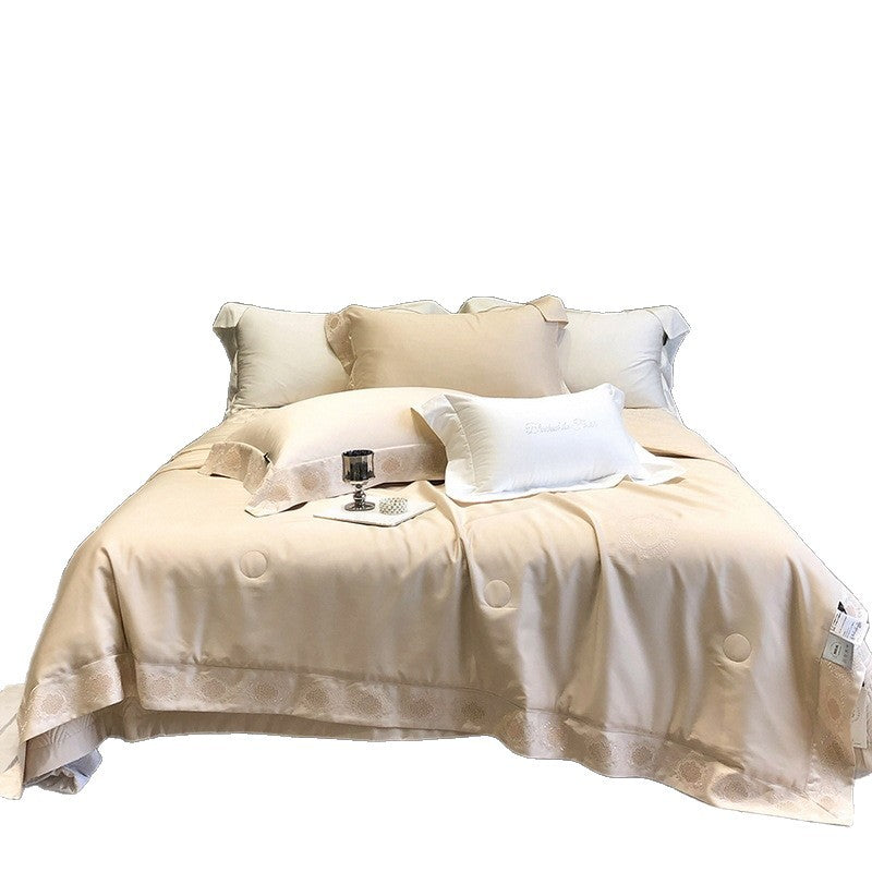 High-gloss satin bed linen set with floral cutwork embroidery border