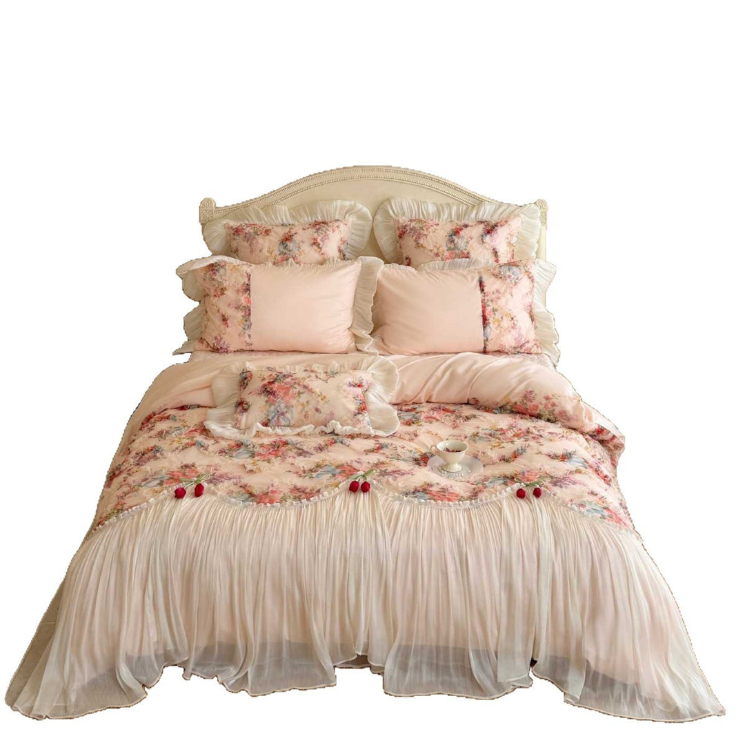 Luxurious multi-piece vintage bedding set with ruffles and floral pattern