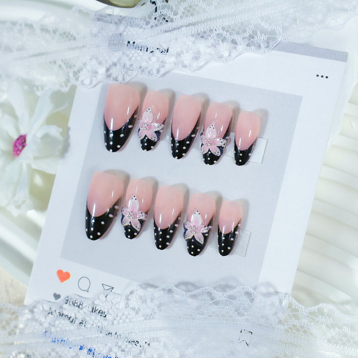 Artificial nail set with elegant 3D flowers and stylish dots Kalsten