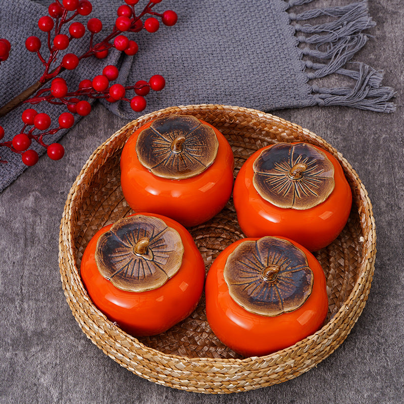 Ceramic Persimmon-Shaped Lidded Trinket Jar Set
