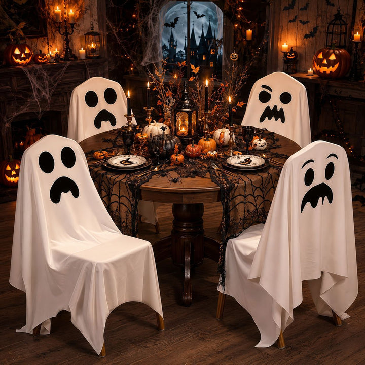Halloween Chair Cover made of Cotton with Spooky Face and Zigzag Hem